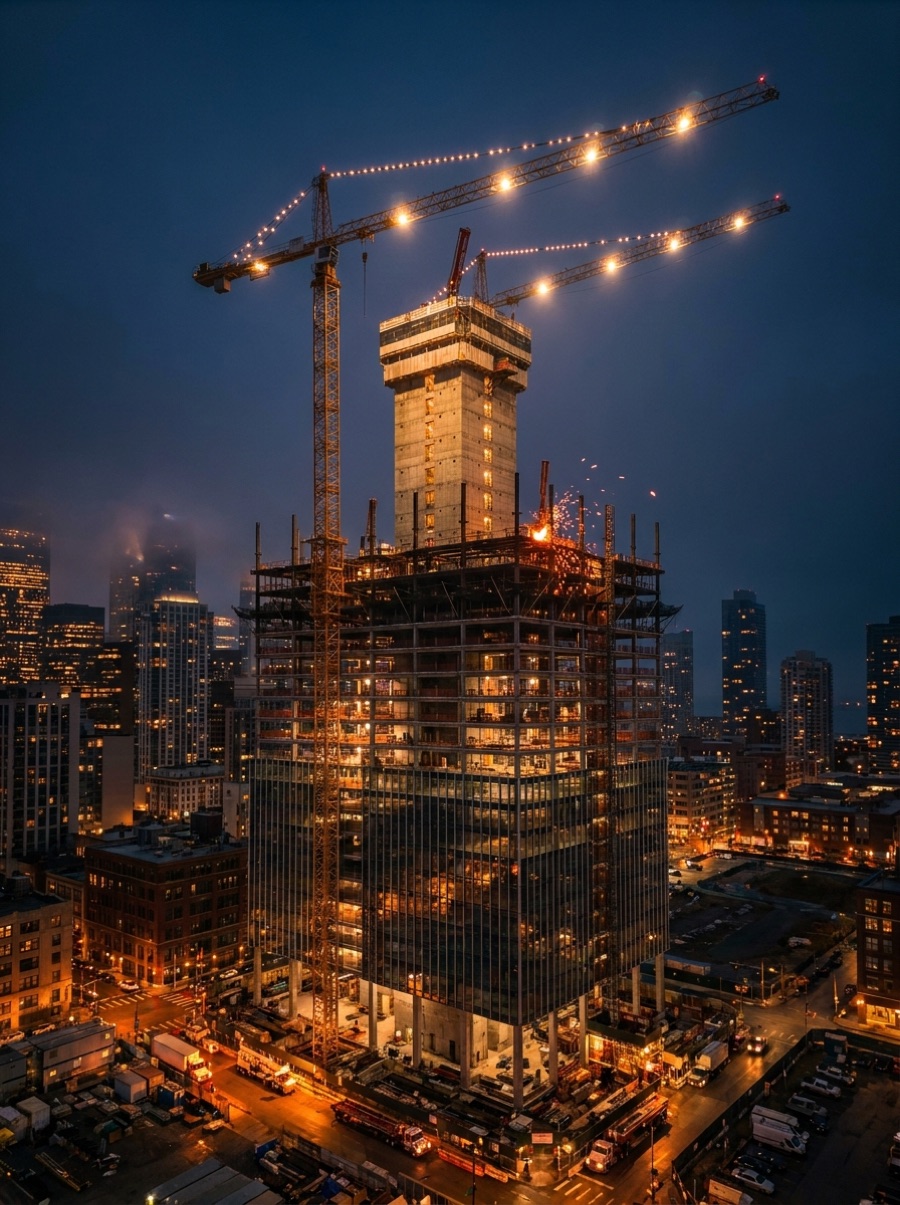 High-rise under construction with lit tower cranes at dusk
