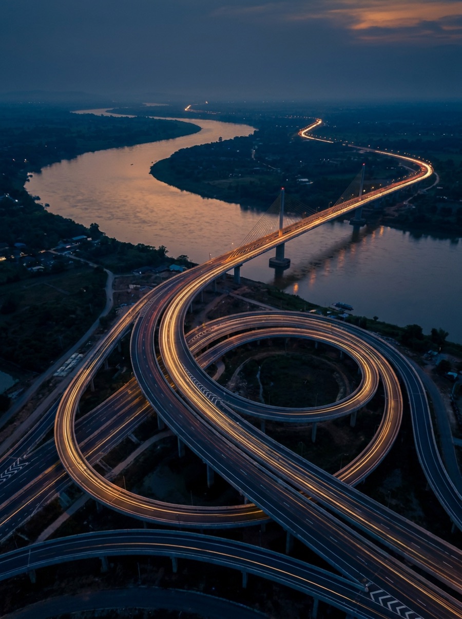 Highway interchange and river bridge traced by light trails at dusk