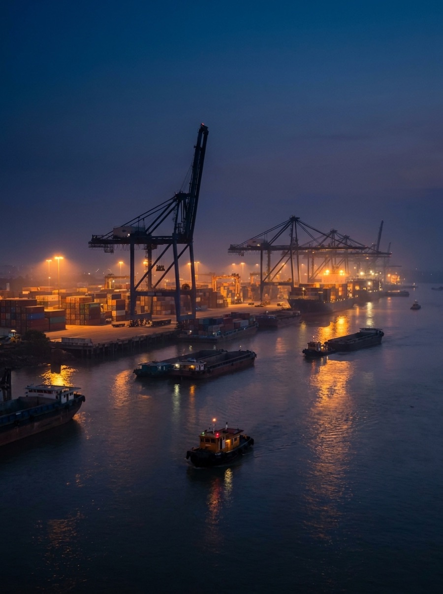Mekong river cargo port with container cranes at dusk