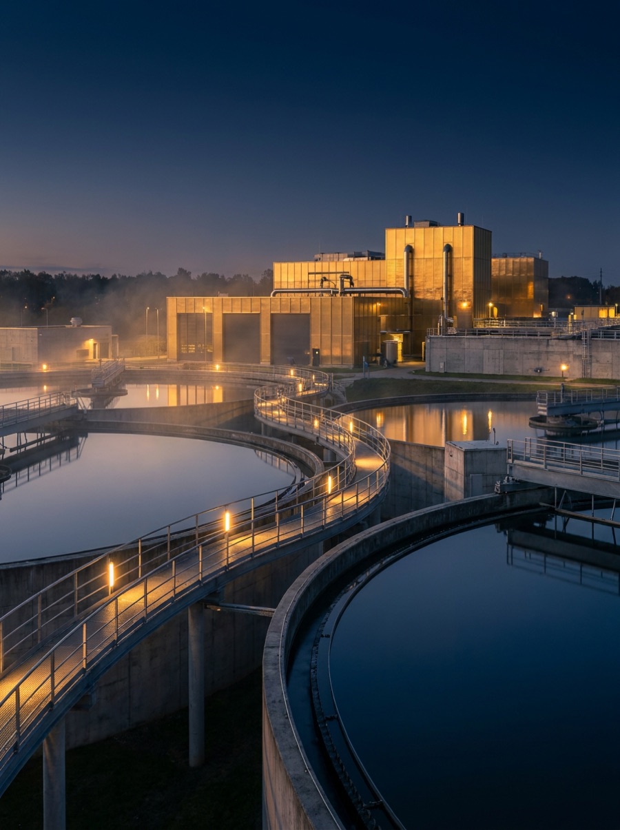 Modern water treatment facility reflecting gold lights at dusk
